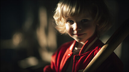 Smiling girl in red varsity jacket holds wooden baseball bat, concept of puerility sport, activity, game, play leisure