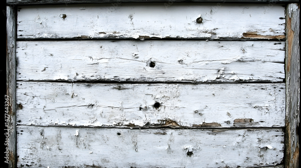 Poster weathered whitewashed wooden planks with peeling paint, showing texture and age. ideal for rustic ba
