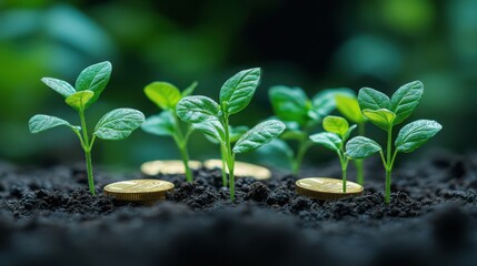 Money and nature harmony: young leaves sprouting from golden coins, soil texture, optimistic composition
