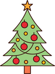 Christmas tree with ornaments line art illustration.