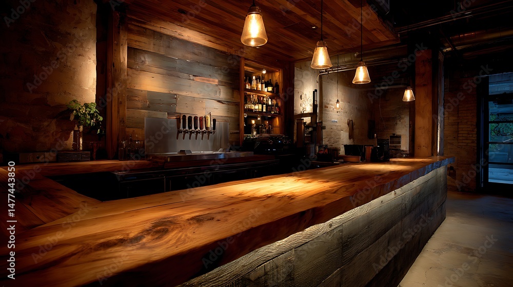 Poster warm wooden counter in a rustic style bar with ambient lighting