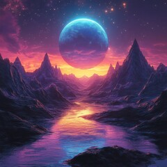 Glowing Blue Celestial Body over Pixelated Mountains at Sunset