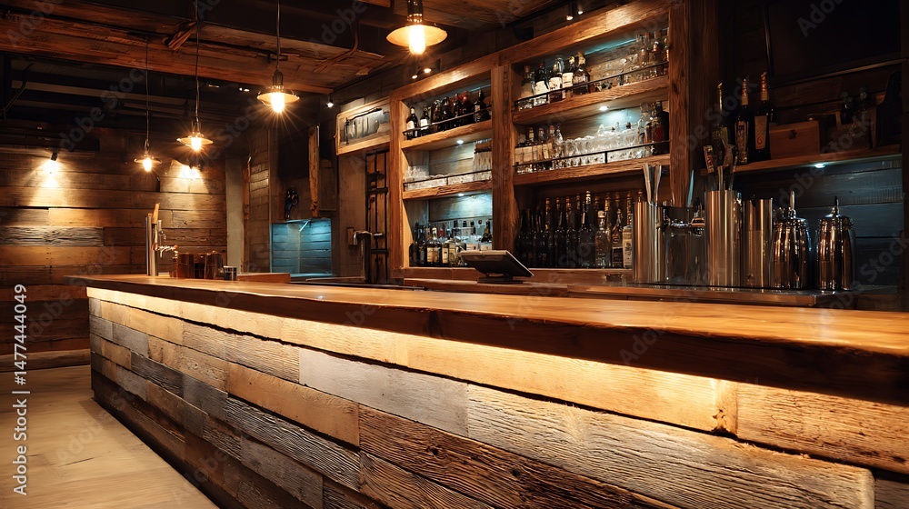 Aufkleber warm wooden counter in a rustic style bar with ambient lighting