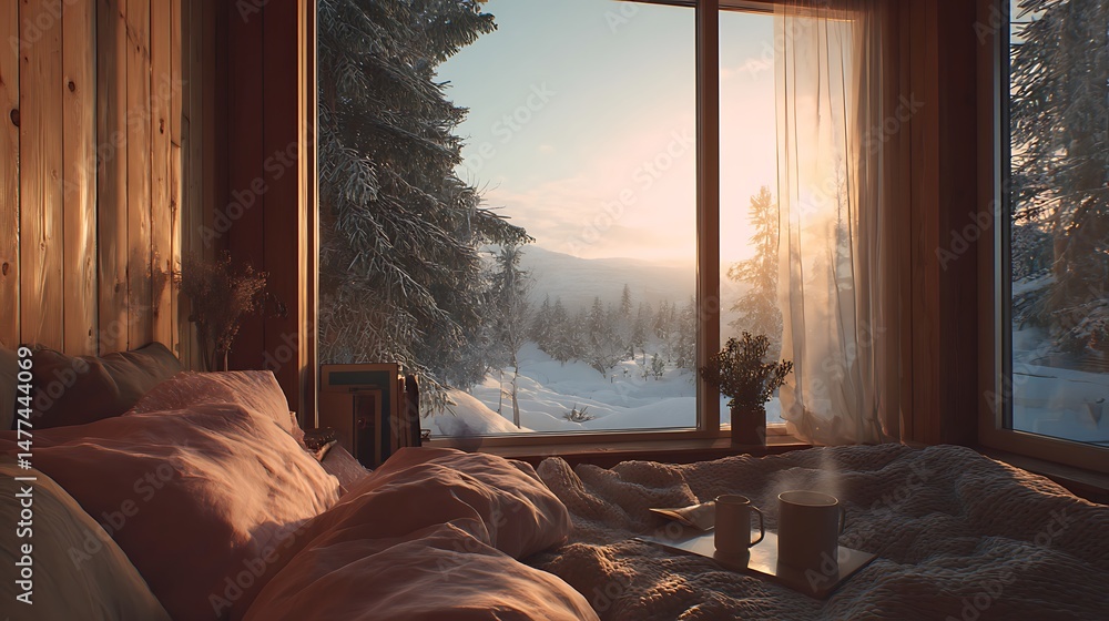 Poster warm bedroom with window with midwinter view
