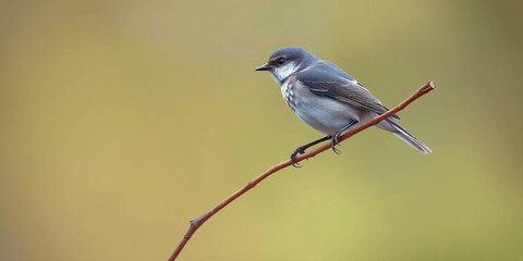 a small bird perched on a thin, bare branch. The bird has a smooth, rounded body with soft brown plumage on its back and head, transitioning to a lighter, almost white color on its underbelly 