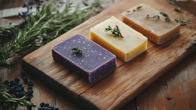 jabones de colores aromaticos y artesanales con ramas frescas de flores decorativas jabones organicos y naturales para el cuidado personal de la piel 