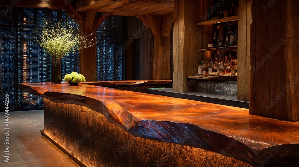 Poster warm wooden counter in a rustic style bar with ambient lighting