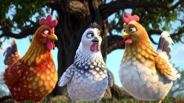 Charming animated chickens engage in playful banter on a sunny day in the farmyard