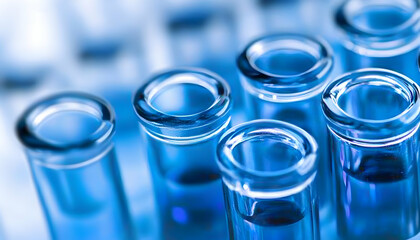 Close-up shot of several test tubes filled with a vibrant blue liquid, showcasing scientific research and laboratory analysis.