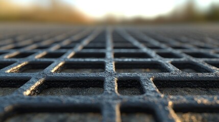Close-up view of a metal grid on a paved surface.  Detailed view of square openings in a dark gray metal grate