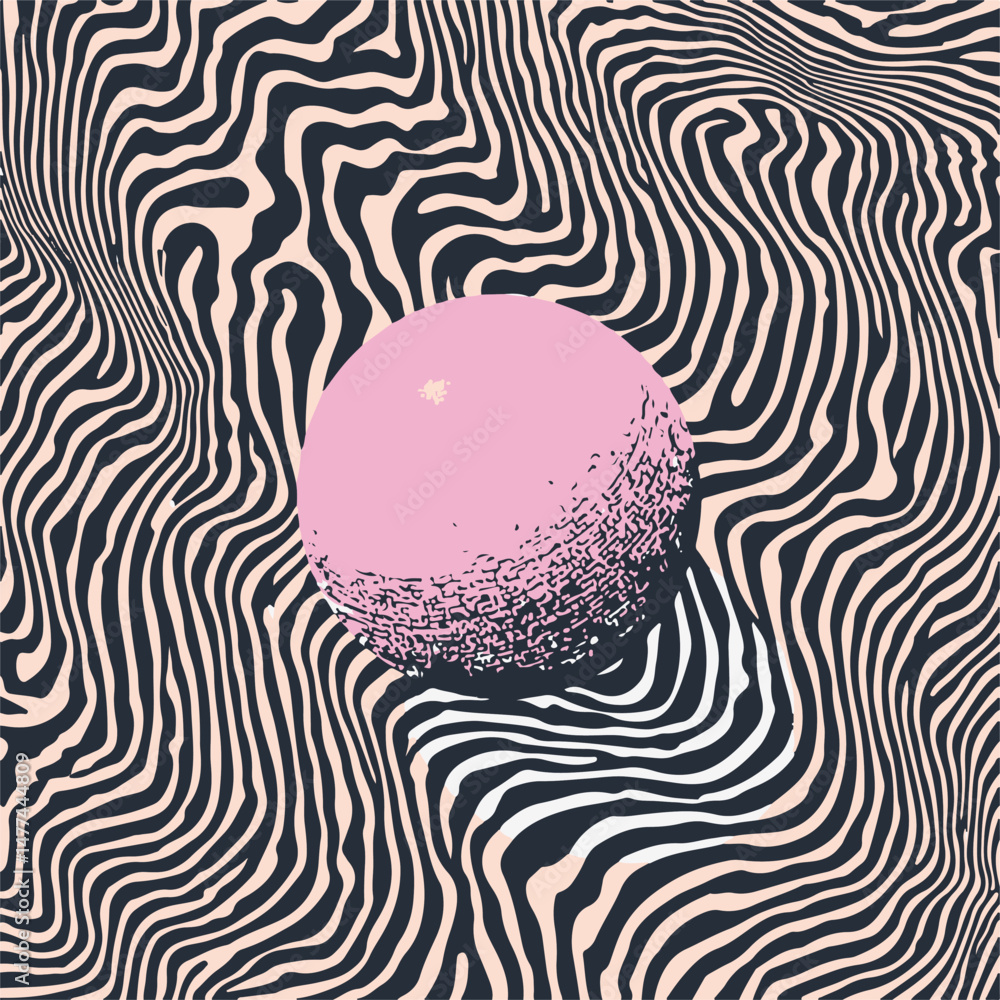 Poster vector illustration with a cream pink sphere on a dynamic black and white wavy striped background. o