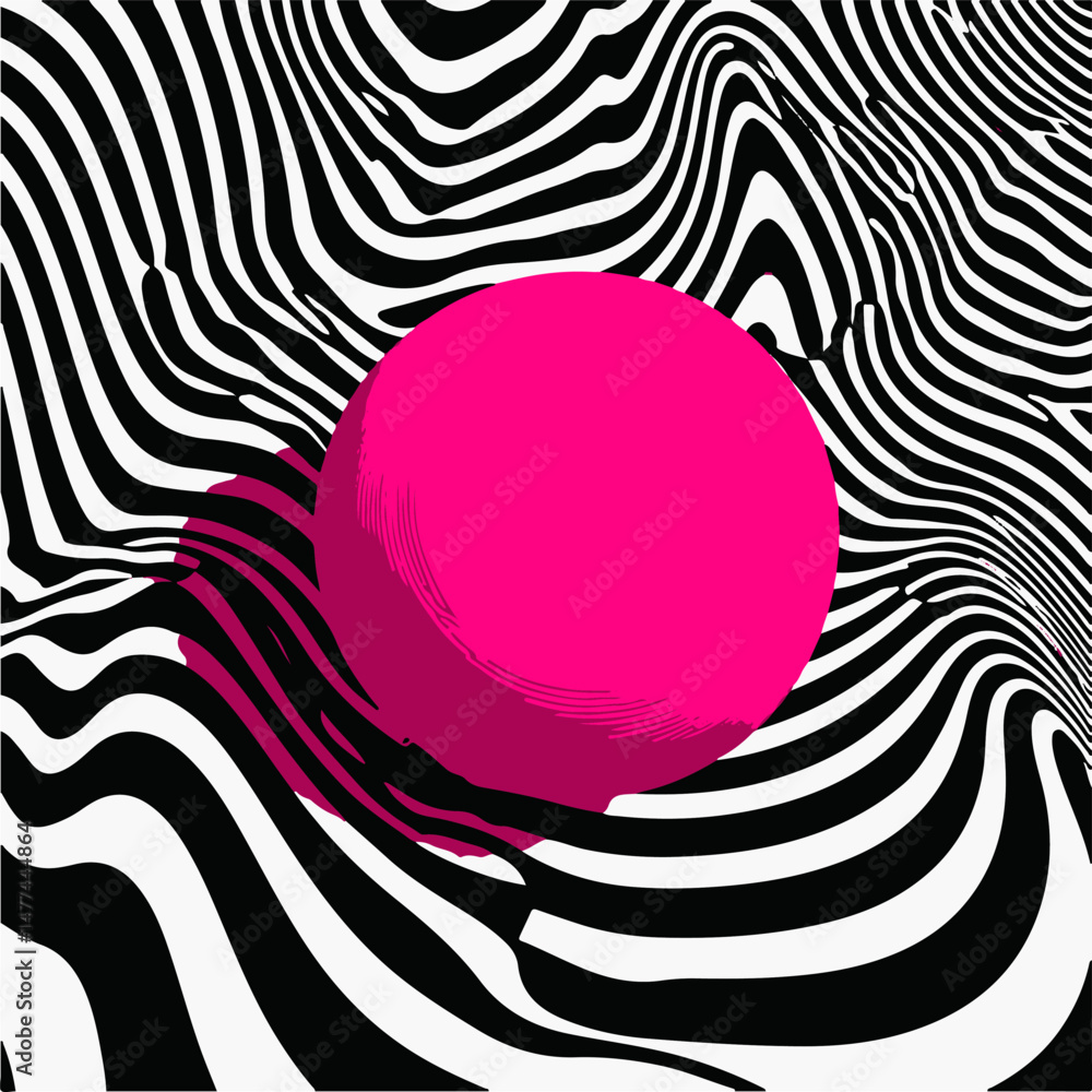 Aufkleber vector illustration with a bold pink sphere on a dynamic black and white wavy striped background. op