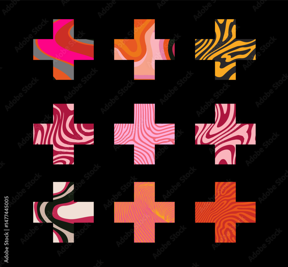 Aufkleber Vector illustration featuring cross shapes, each filled with different colorful and wavy abstract patterns in vibrant hues, against a black background. Perfect for modern, playful, creative design 
