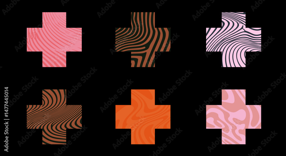 Poster Vector illustration featuring cross shapes, each filled with different colorful and wavy abstract patterns in vibrant hues, against a black background. Perfect for modern, playful, creative design 