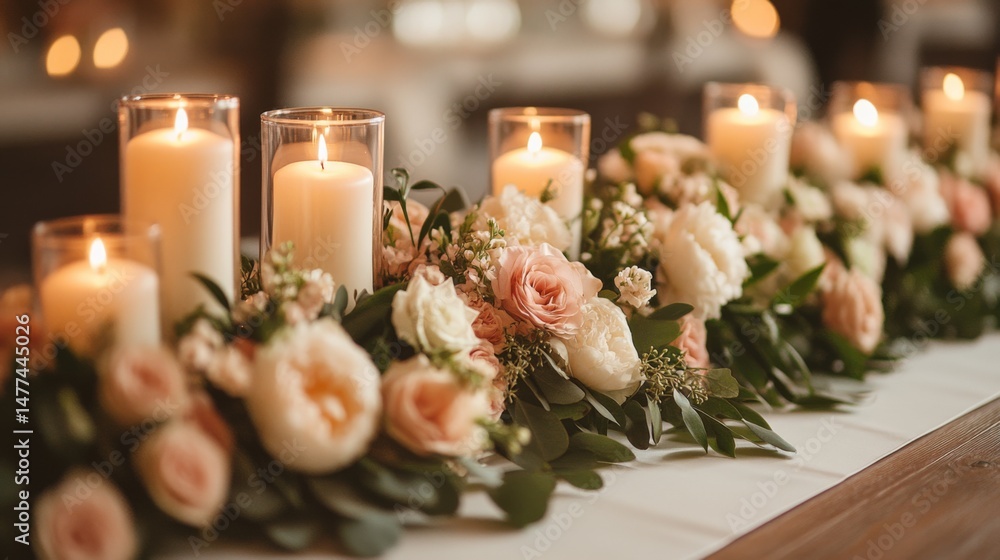 Aufkleber a beautifully arranged table showcases flickering candles and soft pink roses adorned with fresh gre