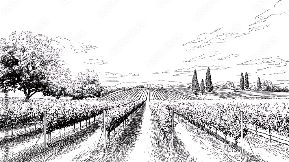 Poster vineyard with rows of grape vines, simple line drawing illustration style