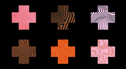 Obraz premium Vector illustration featuring cross shapes, each filled with different colorful and wavy abstract patterns in vibrant hues, against a black background. Perfect for modern, playful, creative design 