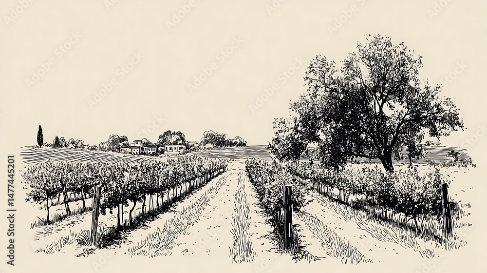 Poster Vineyard with rows of grape vines, simple line drawing illustration style