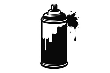 Black spray paint can is spraying with splatters and drips on a white background