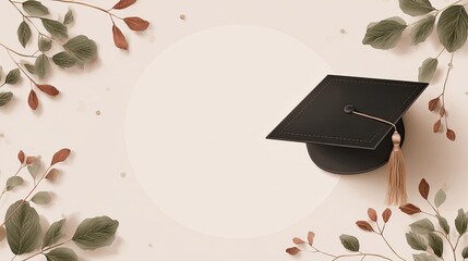 Graduation background with central cap illustration: Minimalist design with leafy motifs for educational branding, high-contrast academic theme visuals, and ceremony decoration templates.