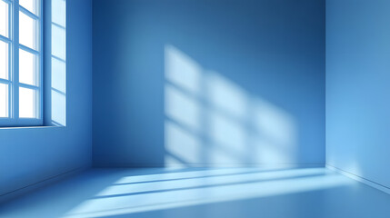 Fototapeta premium Interior corner wall room blue 3d background of abstract window light stage scene or empty product studio showroom display and blank presentation podium pedestal platform perspective table backdrop.