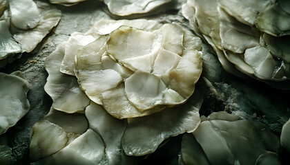 Obraz premium Abstract close-up of layered, translucent, pale-green and white organic shapes, resembling petals or shells, creating a textured, artistic pattern.