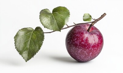 Plum with leaves on branch, white background, food photography, healthy eating