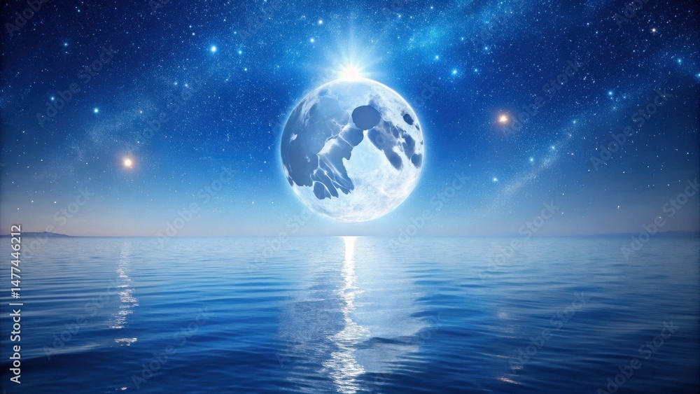 Poster celestial orb over tranquil waters a serene nighttime seascape with a glowing moon and distant stars