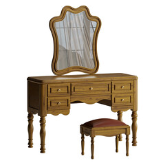 A wooden vanity with a mirror and a stool