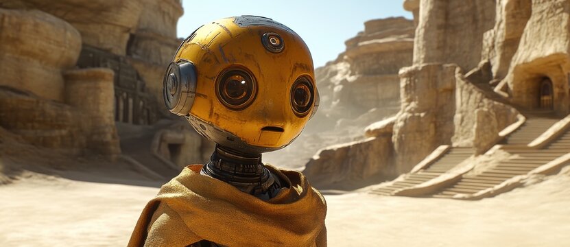 Golden Robot in Desolate Sandy Landscape with Ancient Stone Structures
