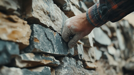 Obraz premium Hand Placing Stone in Wall Construction