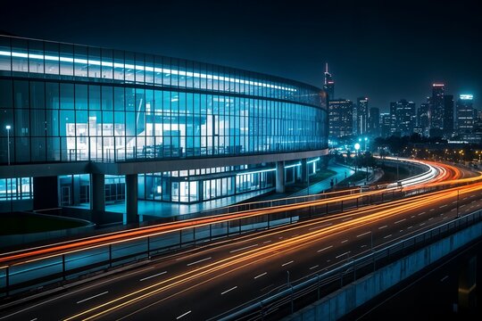 futuristic photo of museum of the future at night busy city life traffic on the highway concept foto futurista del museo del futuro en la noche ocupado tr&aacute;fico de la vida ciudad concepto carretera