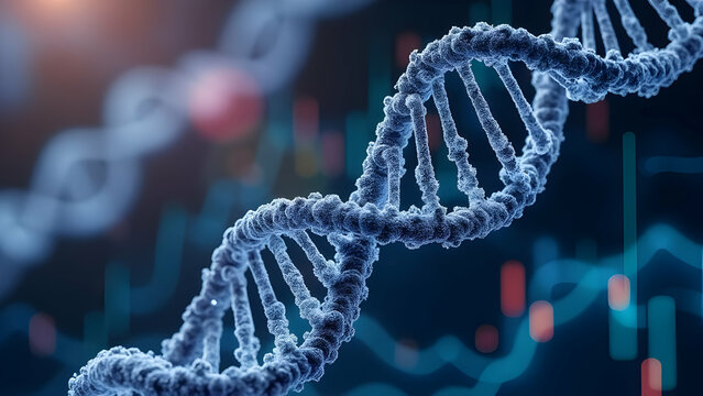 Crystalline DNA Double Helix with Embedded Stock Charts Showing Biotechnology Market Performance where Nucleotide Pairs Glow with Financial Intensity