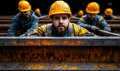 Team of construction workers with metal beams