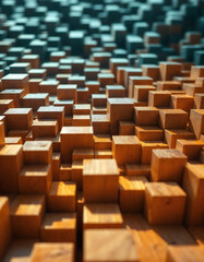 Obraz premium Abstract wooden cube structure, illuminated by warm light, creating a three-dimensional textured pattern.