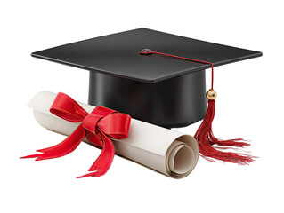 Black and white graduation cap with red ribbon on diploma isolated on transparent background: High-contrast minimalist PNG for ceremony invitations, social media celebration posts, or academic achieve