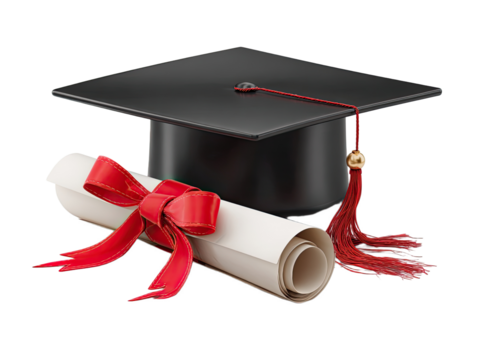 Black and white graduation cap with red ribbon on diploma isolated on transparent background: High-contrast minimalist PNG for ceremony invitations, social media celebration posts, or academic achieve