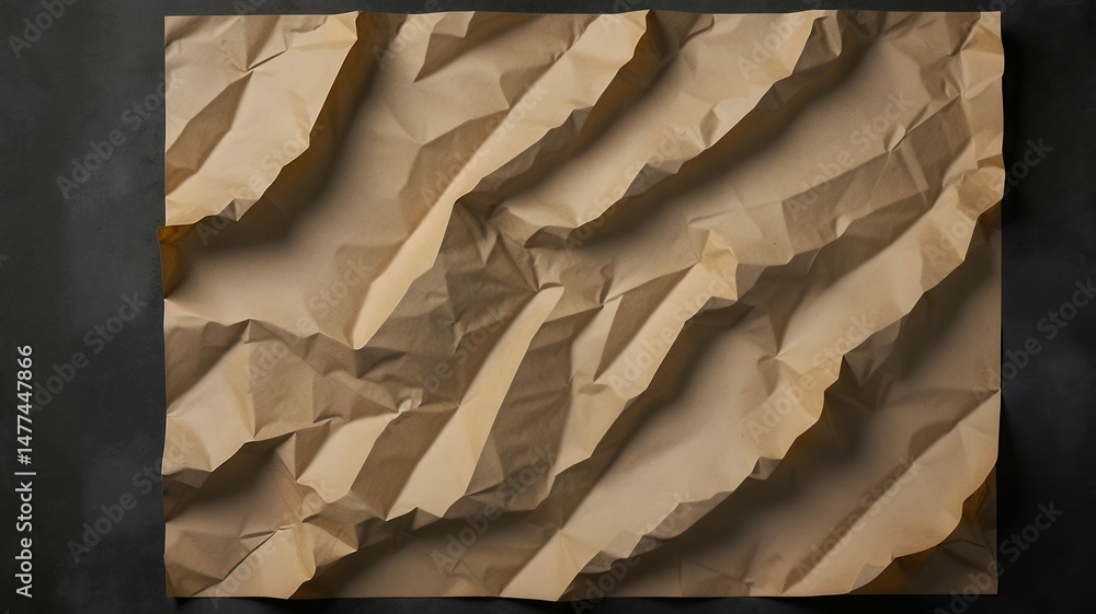 Poster abstract image of crumpled beige paper on dark background creating depth and texture design.