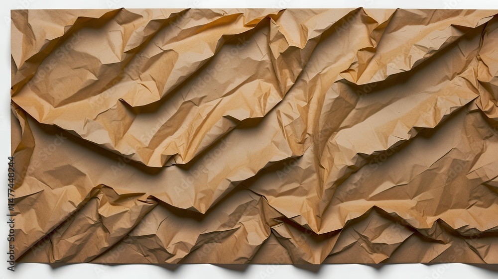 Poster abstract composition featuring textured and crumpled brown paper with dynamic light and shadow play.