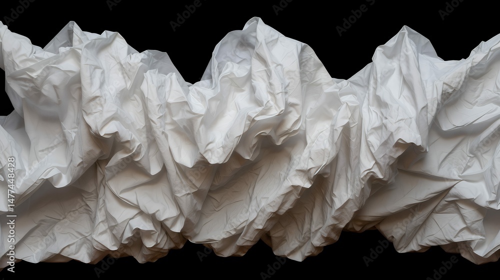 Poster abstract composition of white fabric undulating and draped against a stark black background space.