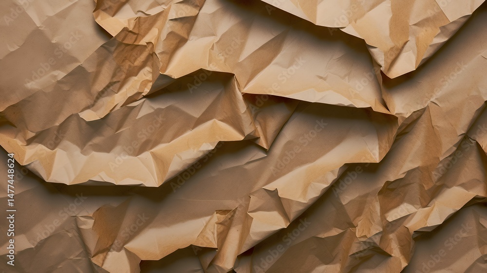 Aufkleber abstract texture of crumpled light brown paper, featuring shadows and sharp geometric lines design.