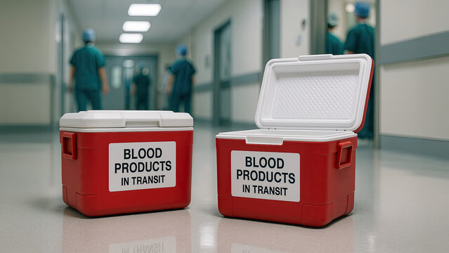 Red Medical Coolers for Blood Transport in Hospital Corridor