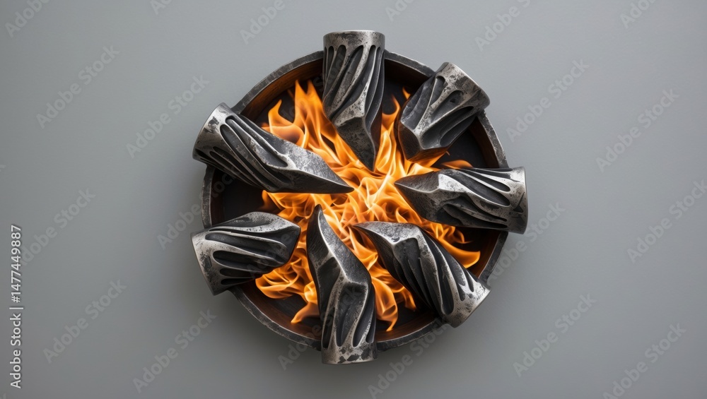 Poster aerial view of sculptural black vases arranged in a circular pattern with vibrant flames in the cent