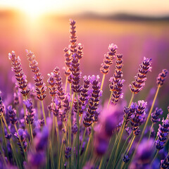 Fototapeta premium Vast blooming lavender field in a picturesque countryside, bathed in golden sunlight with a soft-focus background, capturing a serene and dreamy atmosphere.