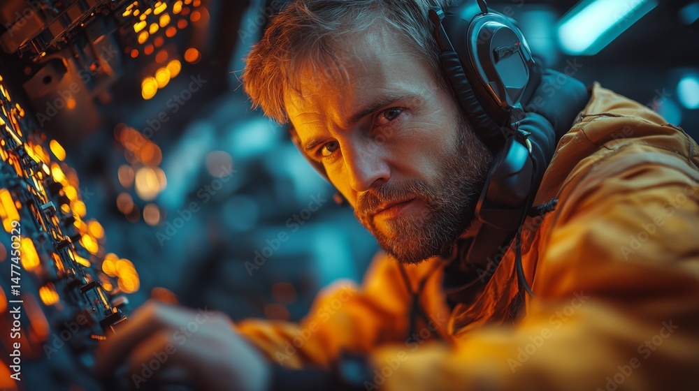 Poster A focused engineer in an orange jumpsuit operates intricate controls surrounded by glowing indicators and machinery in a state of the art aerospace setting at night.