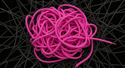 Bright pink shoelaces tangled in a pile against a dark background of crossed wires create a striking contrast. Messy abstract.