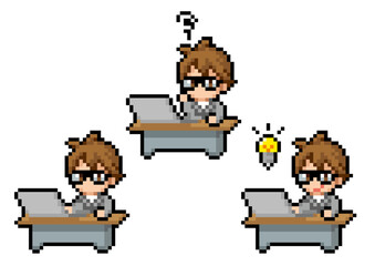 ドット絵風ビジネスマンがパソコンで作業するレトロなイラストセット
