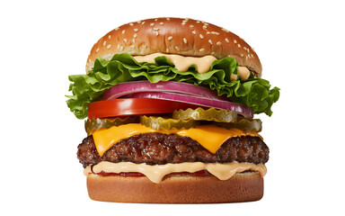 Juicy sesame seed burger with beef patty, cheddar cheese, pickles, lettuce, and onions, isolated on white background