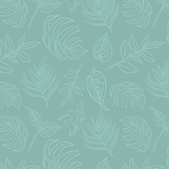 Tropical Monstera Seamless Leaf Pattern. Vector floral background in a trendy minimalistic linear style in pastel colors for printing packaging, fabric, t-shirts, covers, posters