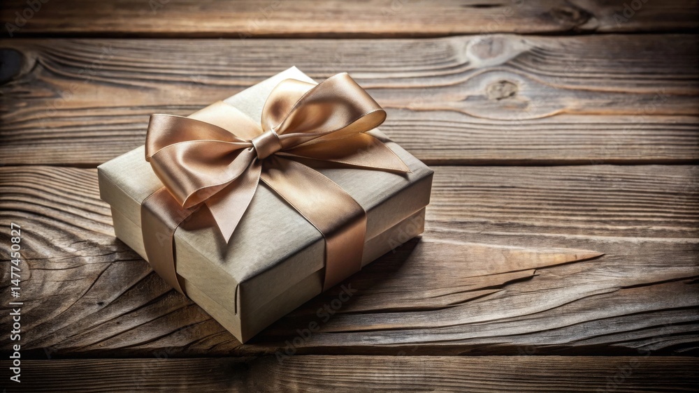 Poster a thoughtfully wrapped present with a golden ribbon sits elegantly on a rustic wooden surface
